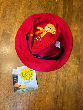Kids Red UPF 50+ Sun Hat with Firetruck Patch